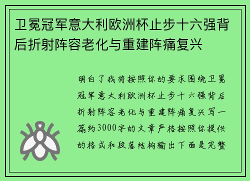 卫冕冠军意大利欧洲杯止步十六强背后折射阵容老化与重建阵痛复兴 卫冕冠军意大利欧洲杯止步十六强背后折射阵容老化与重建阵痛复兴
