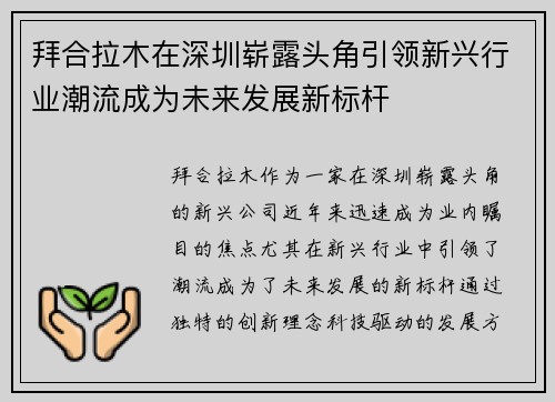 拜合拉木在深圳崭露头角引领新兴行业潮流成为未来发展新标杆