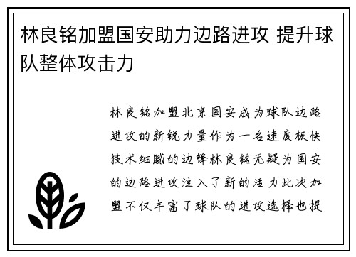 林良铭加盟国安助力边路进攻 提升球队整体攻击力
