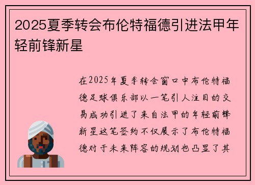 2025夏季转会布伦特福德引进法甲年轻前锋新星