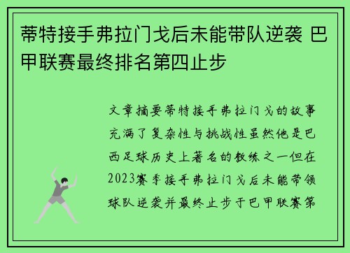 蒂特接手弗拉门戈后未能带队逆袭 巴甲联赛最终排名第四止步