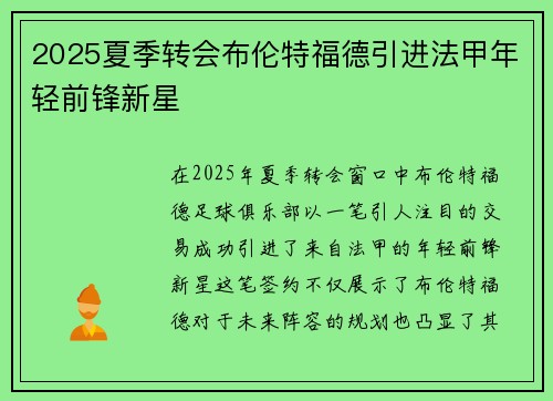 2025夏季转会布伦特福德引进法甲年轻前锋新星